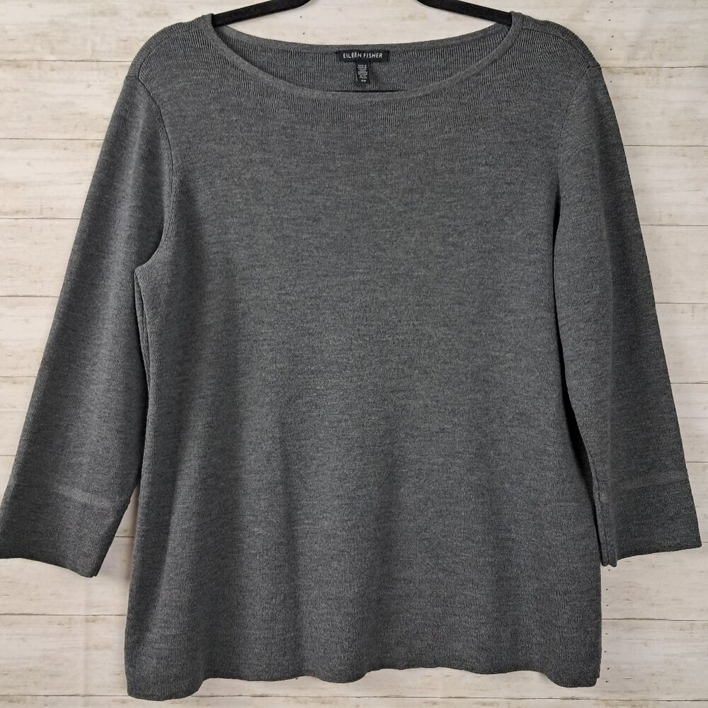 Eileen Fisher Wool Boat Neck Knit Pullover Top 3/4 Sleeve Sweater